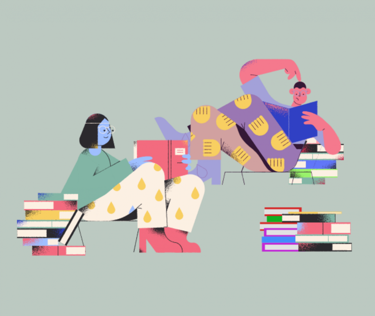 Illustration of man and woman reading books