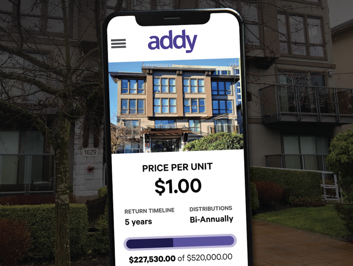 Screenshoot of the addy platform that shows an available house to invest in and the cost of $1