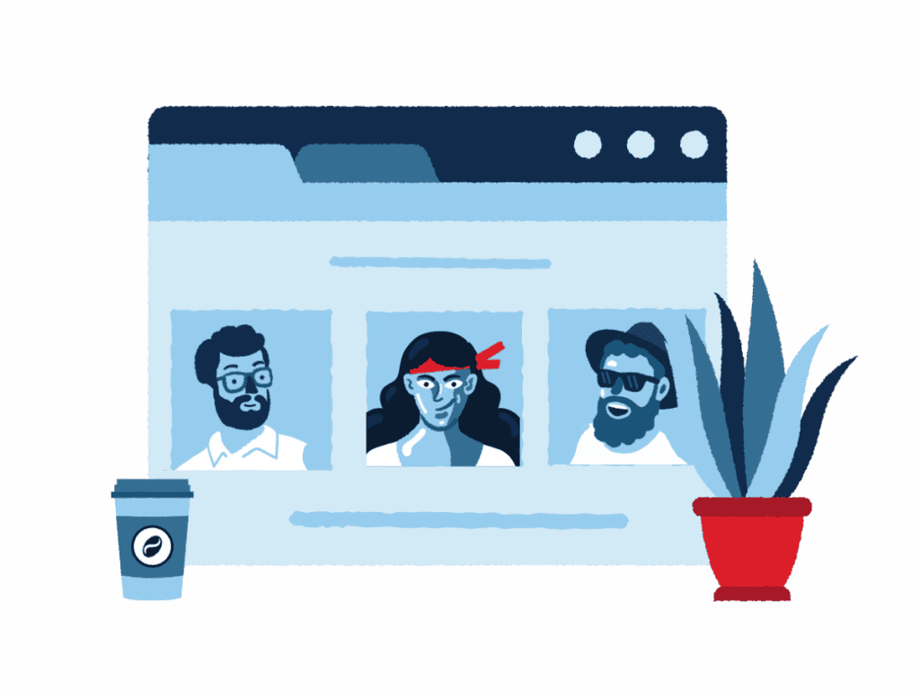 A graphic of people in a virtual team building call on a desktop.