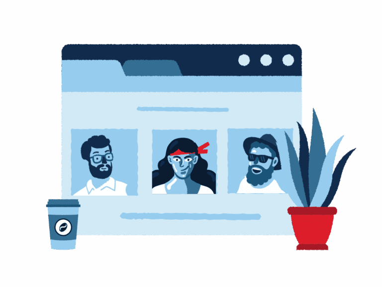 A graphic of people in a virtual team building call on a desktop.