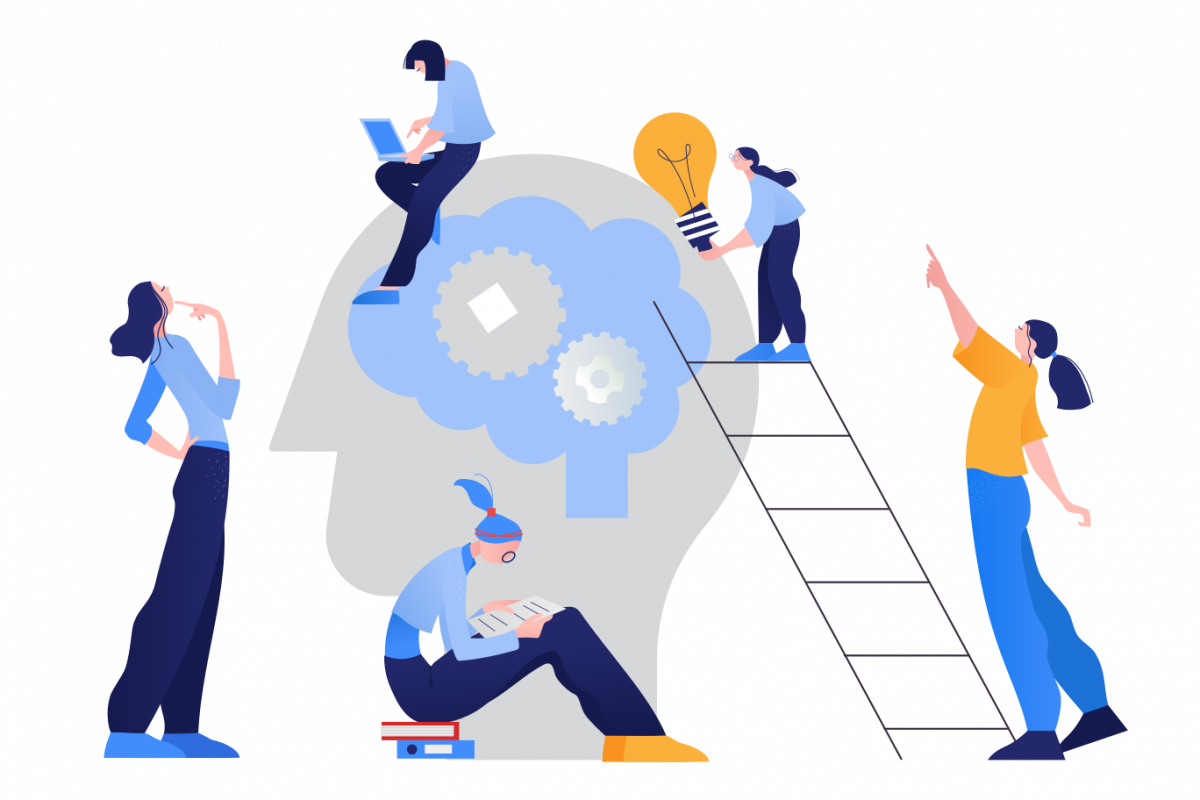 Graphic of workers working together to represent how a startup works.