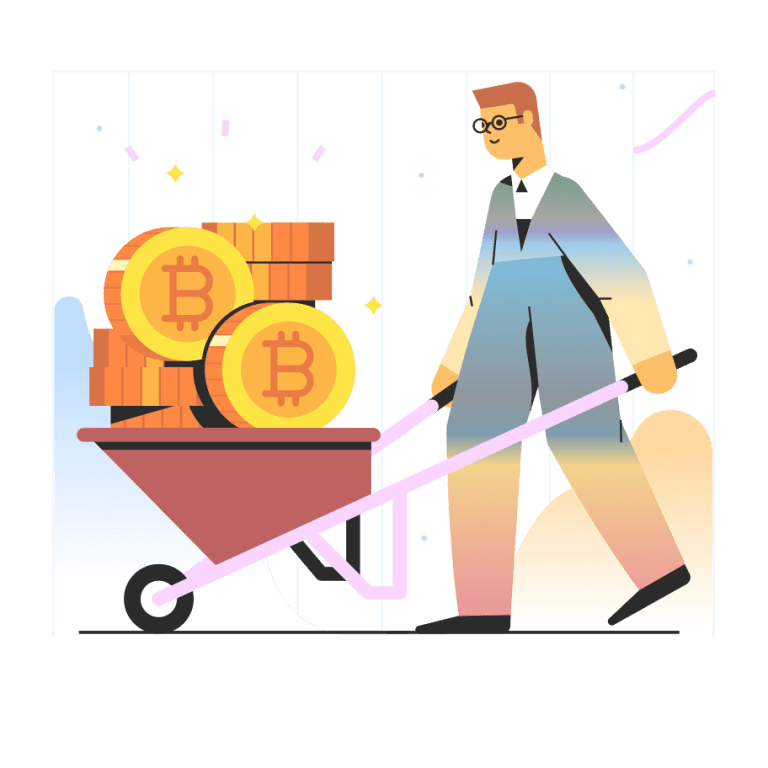 A graphic of a man holding a wheelbarrow full of bitcoin to represent cryptocurrency trends.