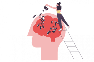 graphic of a woman watering her brain to depict positive mental health