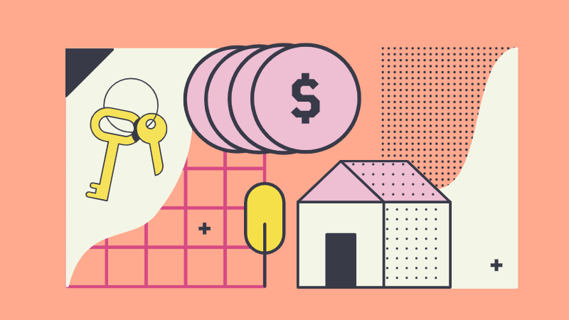 A graphic of a house, keys, and money to represent Rhenti and the rental market