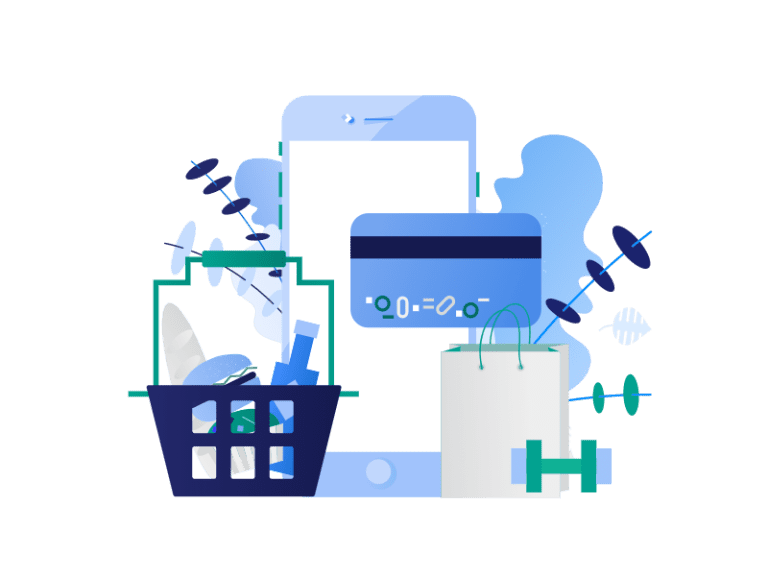 a graphic of a grocery basket, credit card, phone, shopping bag and dumbell, to represent the self-care spending during COVID-19