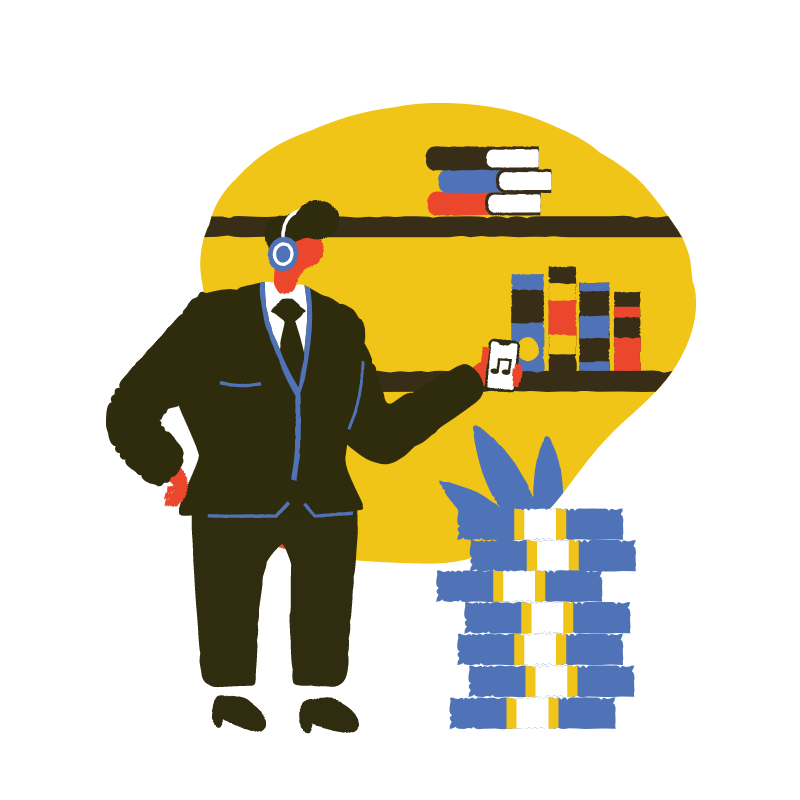 A graphic of a man wearing a suit, listening to headphones surrounded by books to represent learning from FinTech Podcasts