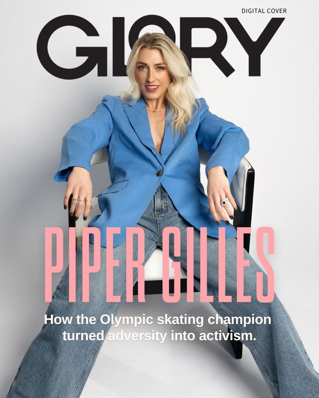 GLORY magazine cover of Piper Gilles wearing a blue blazer sitting in a chair with jeans.