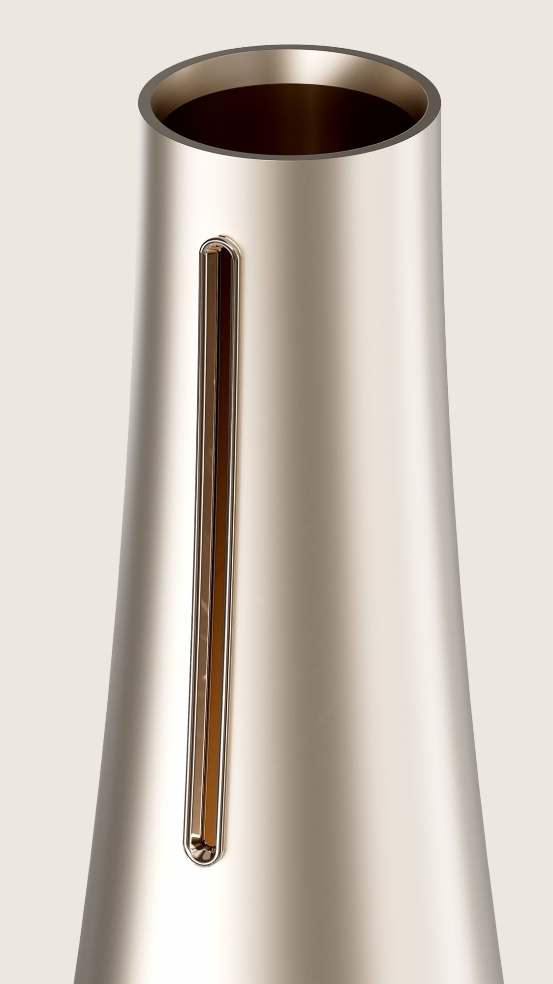 Top of the 2024 Olympic Torch featuring brushed metal design.