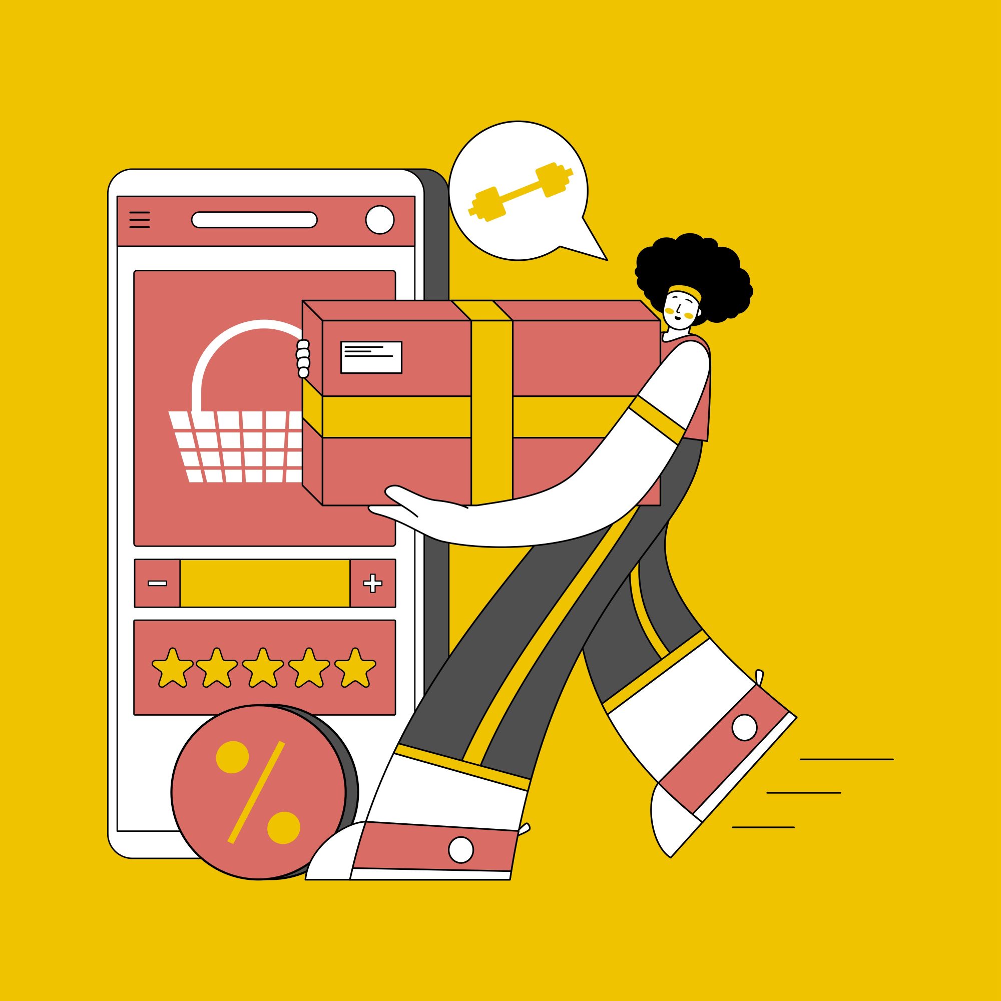 Illustration of a woman carrying a shipping box towards a mobile phone displaying online shopping purchase.